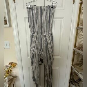 Tube Top Jumpsuit with Blue and White Vertical Stripes - size large - leg slits